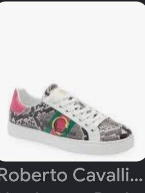Cavalli Class Snakeskin-Print Low-Top Sneakers with Pink Heel and Green Stripe